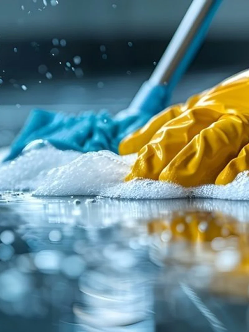 Lavage d'un sol carrelé avec des gants de protection